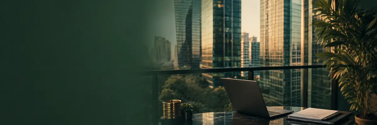 Laptop on a desk overlooking office towers