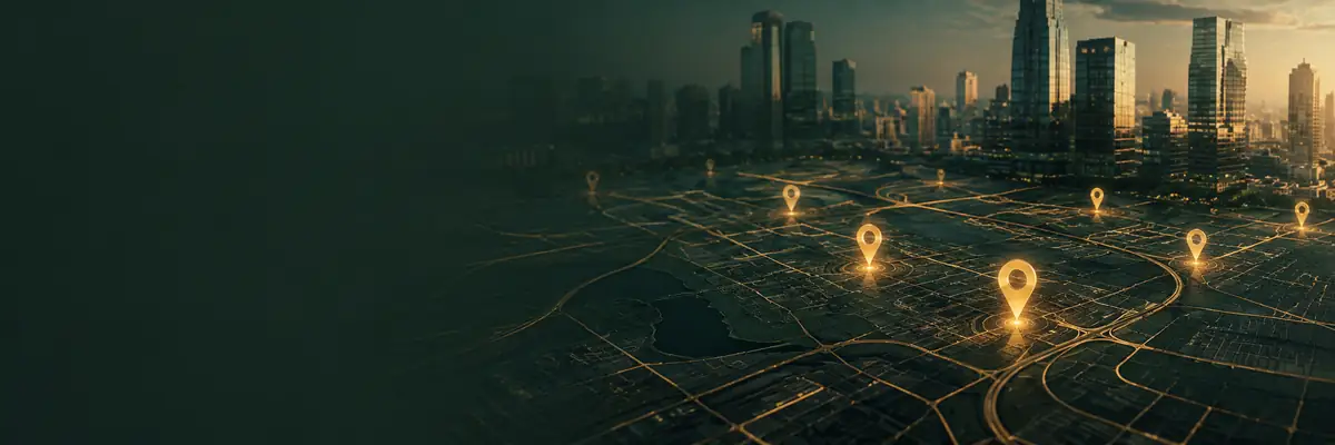 City map with glowing property pins