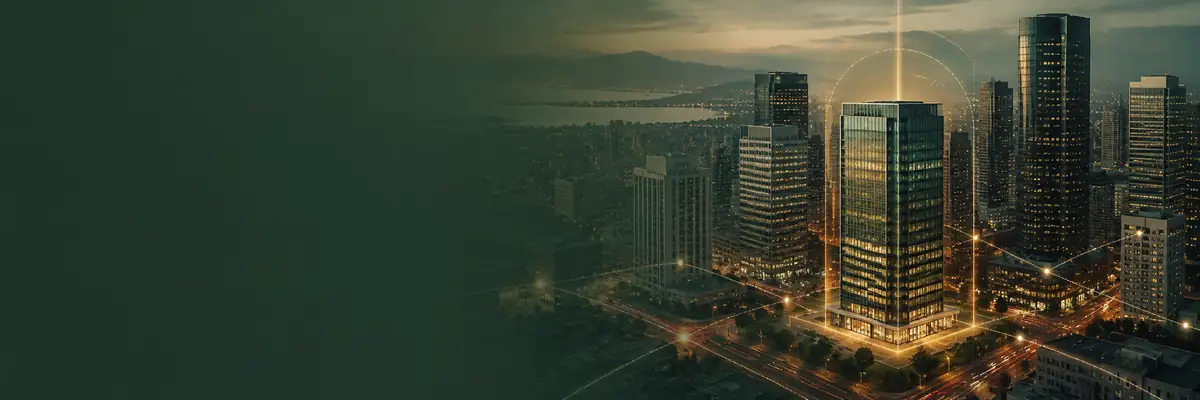 Downtown office tower highlighted at night