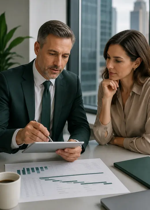 Broker reviewing a budget chart on a tablet