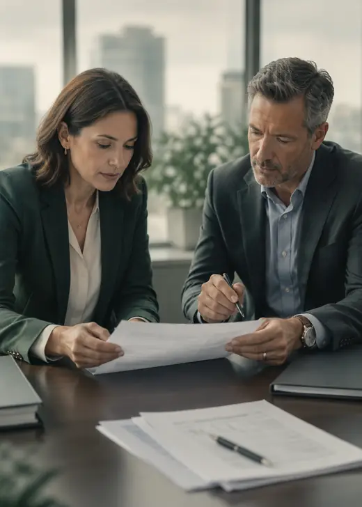 Two people reviewing a printed document