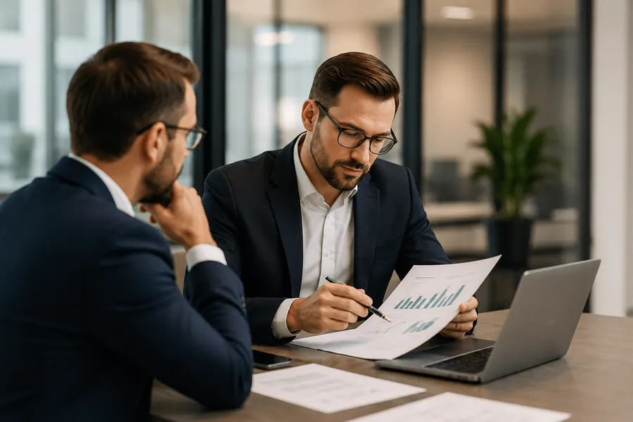 Two brokers reviewing a bar chart
