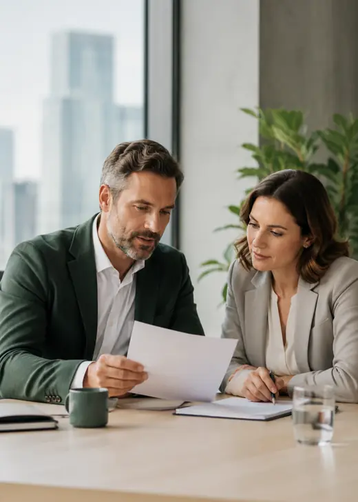Broker reviewing a document with an owner