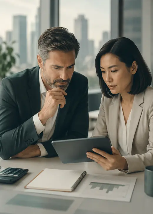 Colleagues studying figures on a tablet