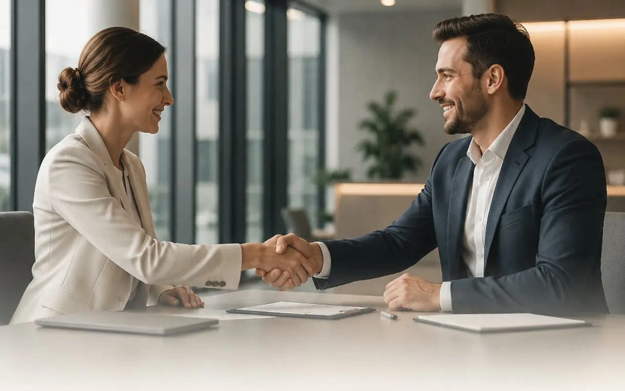 A broker and an owner shaking hands across a table