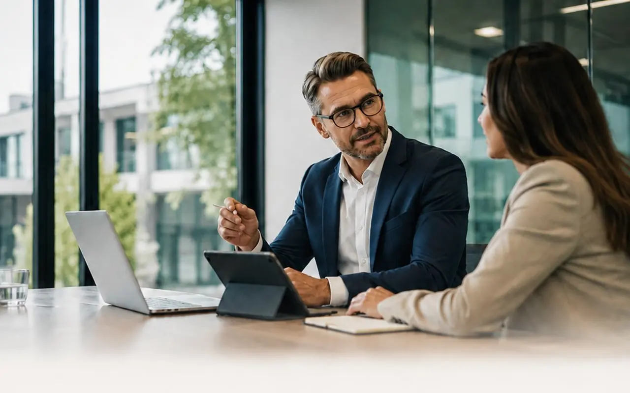 Two brokers reviewing a maturity schedule at a conference table