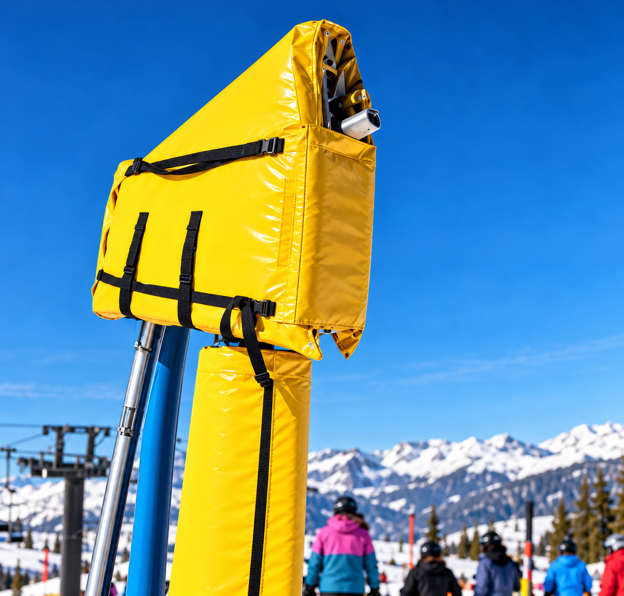 Yellow custom pole padding installed at a ski area