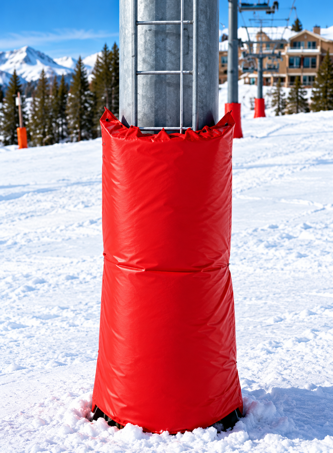 Red tower pad installed around a lift structure