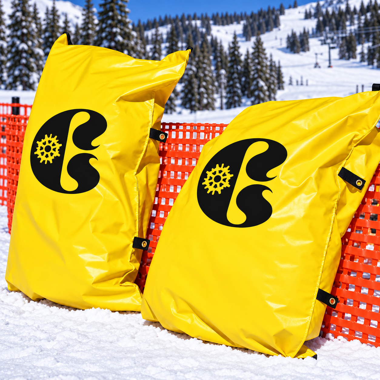Yellow branded padding bags positioned around ski area equipment