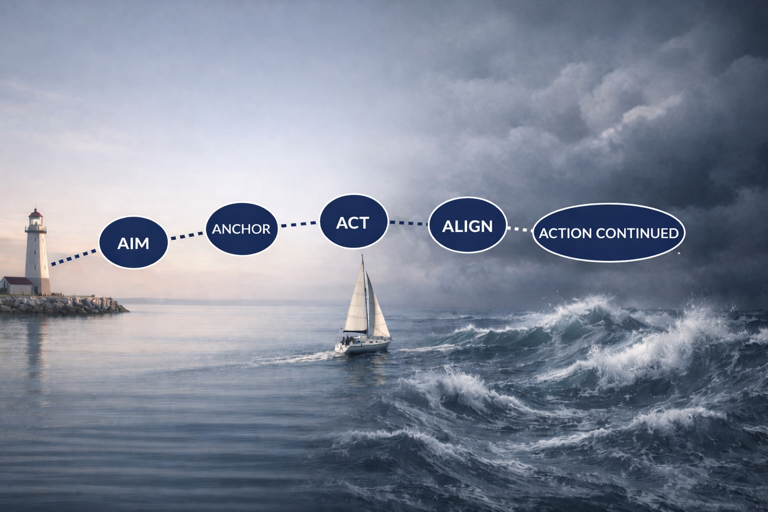 The 4 A's with a boat sailing into a storm