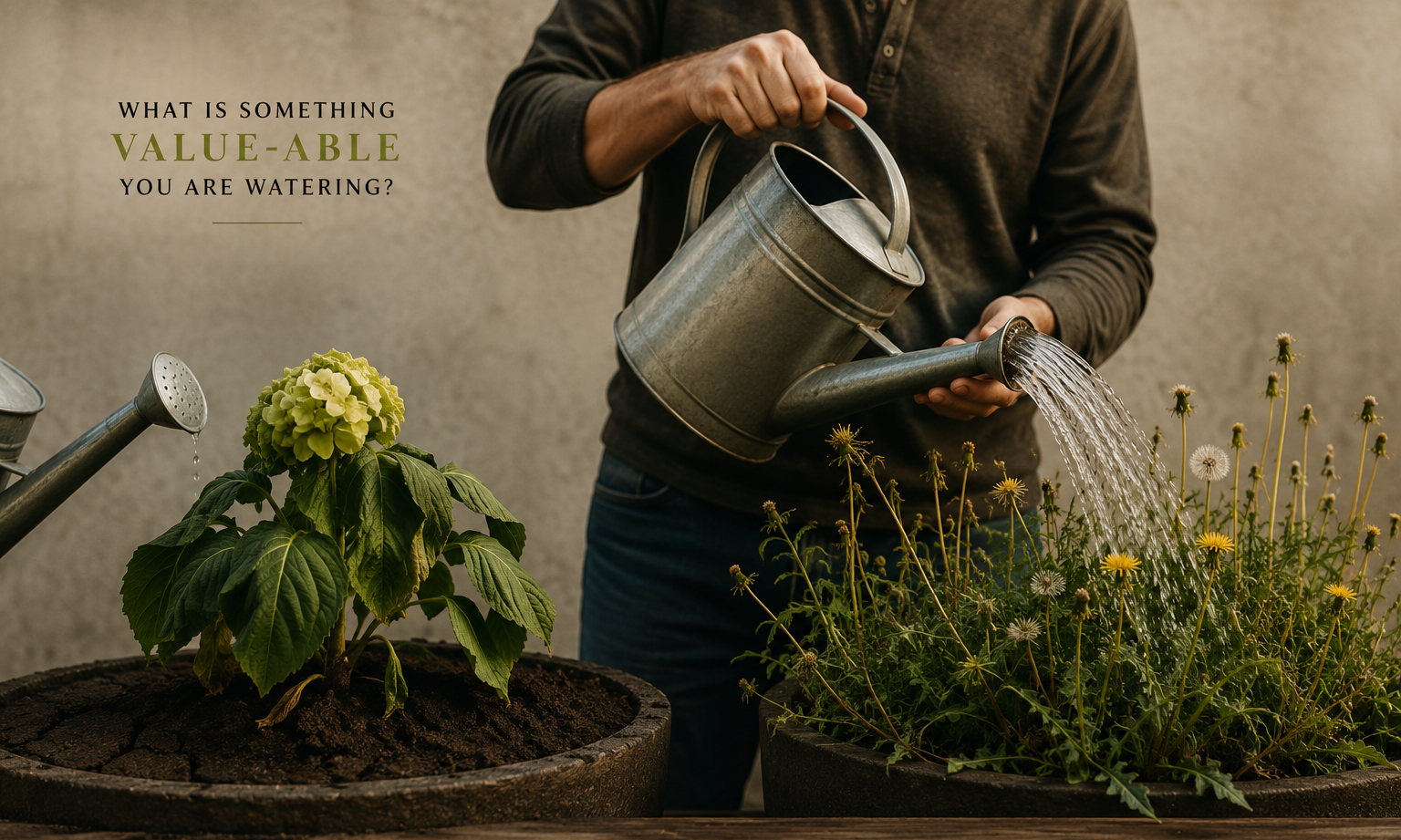 Man watering plants with the words 