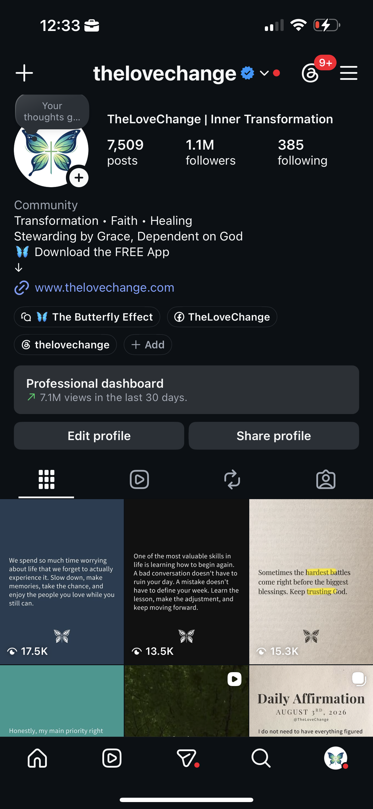 TheLoveChange Instagram profile displayed inside a phone
