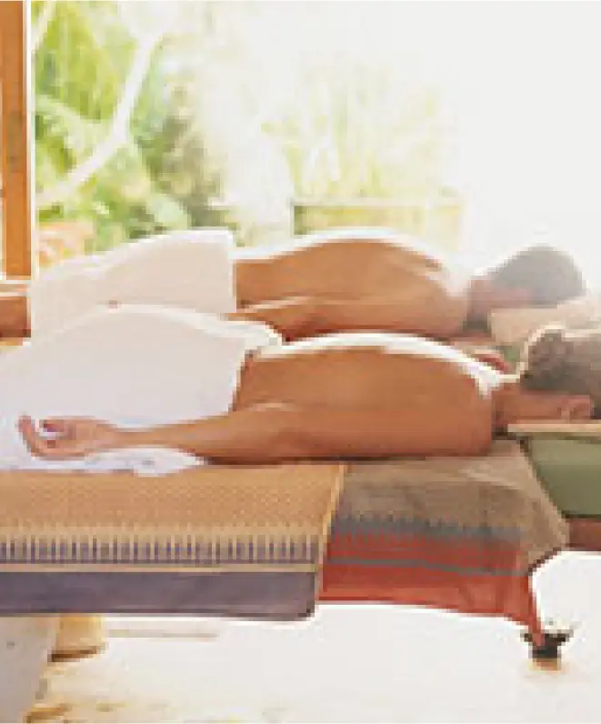 Two people lie face down on massage tables, covered with towels from the waist down, receiving a massage in a bright room with greenery visible outside.