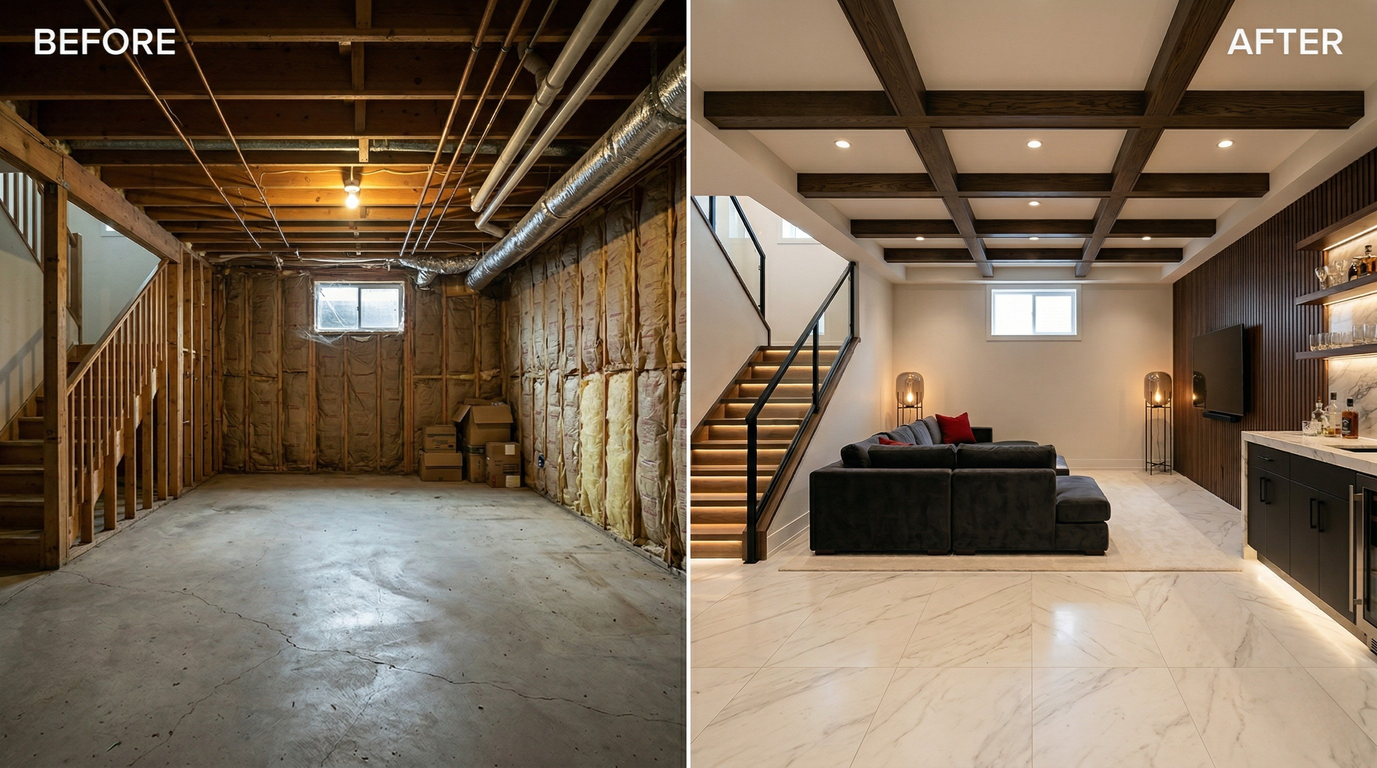 Before and after: bare concrete basement transformed into luxury entertainment lounge