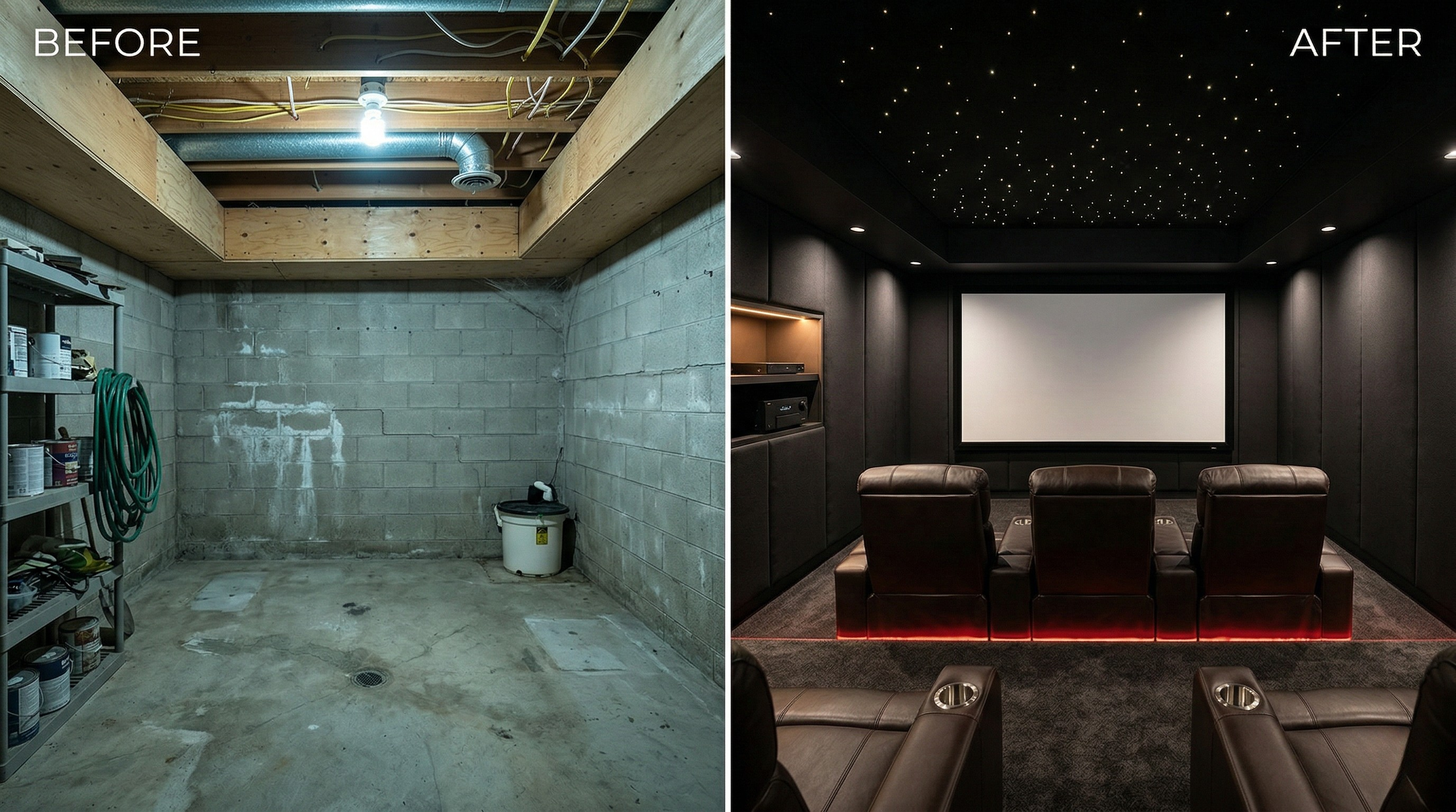 Before and after: unfinished utility space transformed into premium home theater