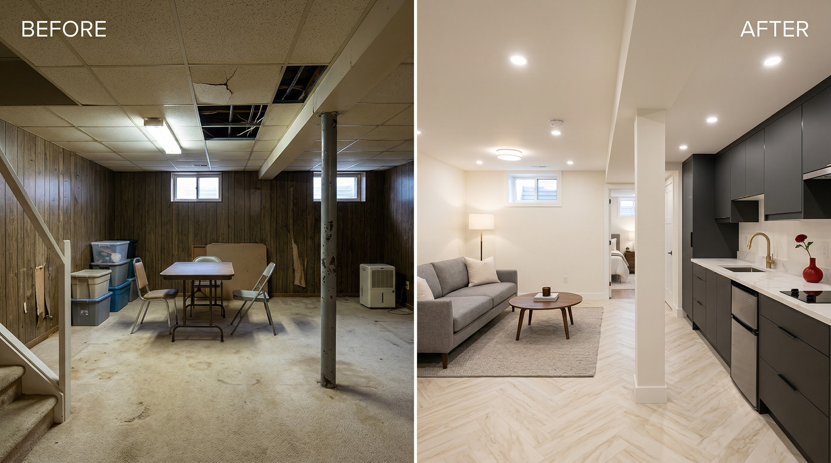Before and after: dated 1980s basement transformed into modern legal suite
