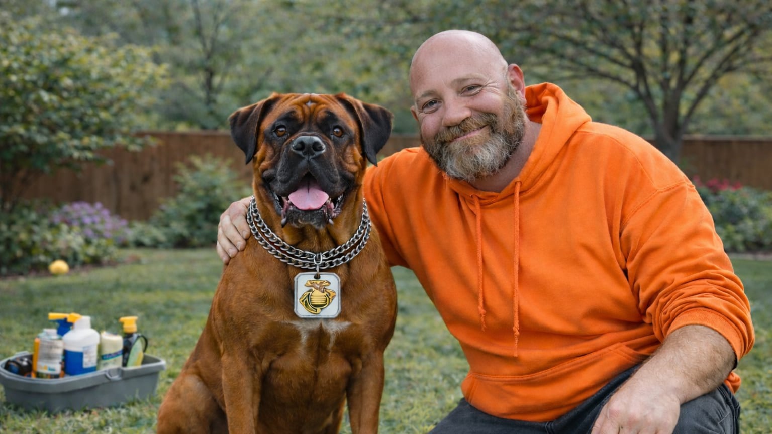 Rich, owner of Poo Pickers Ohio, with his Boxer dog in a clean residential yard