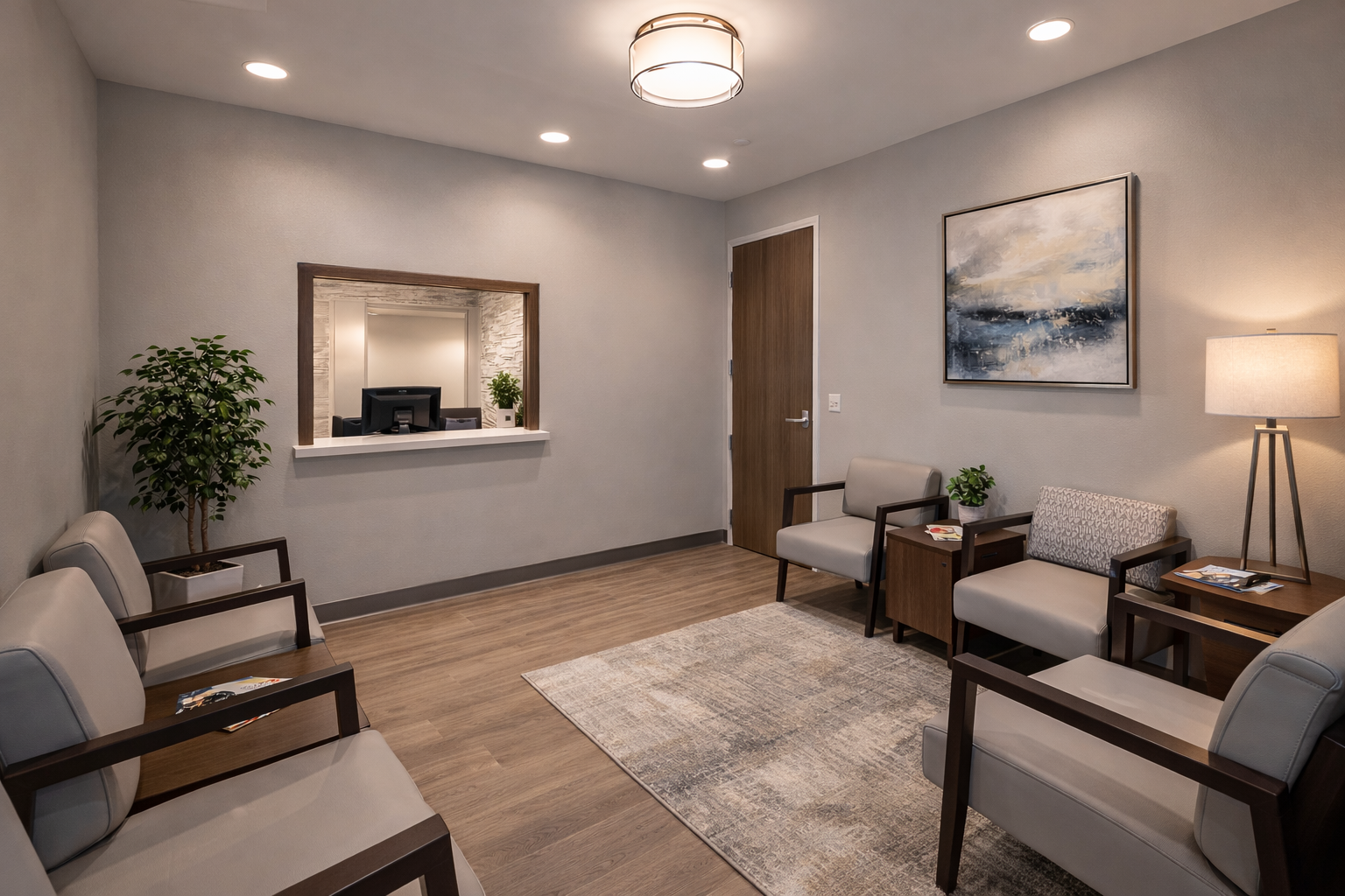 Medivira clinic waiting room in Frisco TX with comfortable seating, reception window, and calming decor.