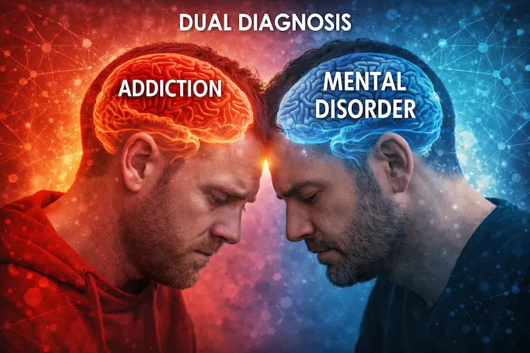 Infographic illustrating 6 signs of cocaine addiction: changes in appearance, health complications, shifts in mood and personality, cognitive changes, changes in social interactions, and emotional instability