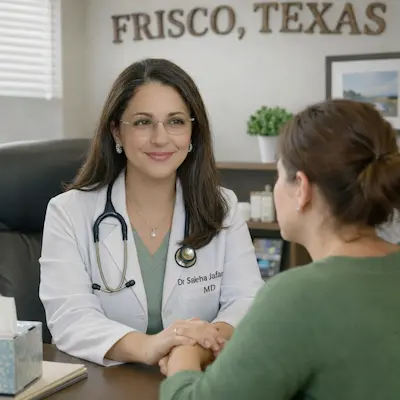 Dr Saleha Jafar,MD Triple Board certified Physician and founder  providing compassionate care to a patient at Medivira in Frisco,TX