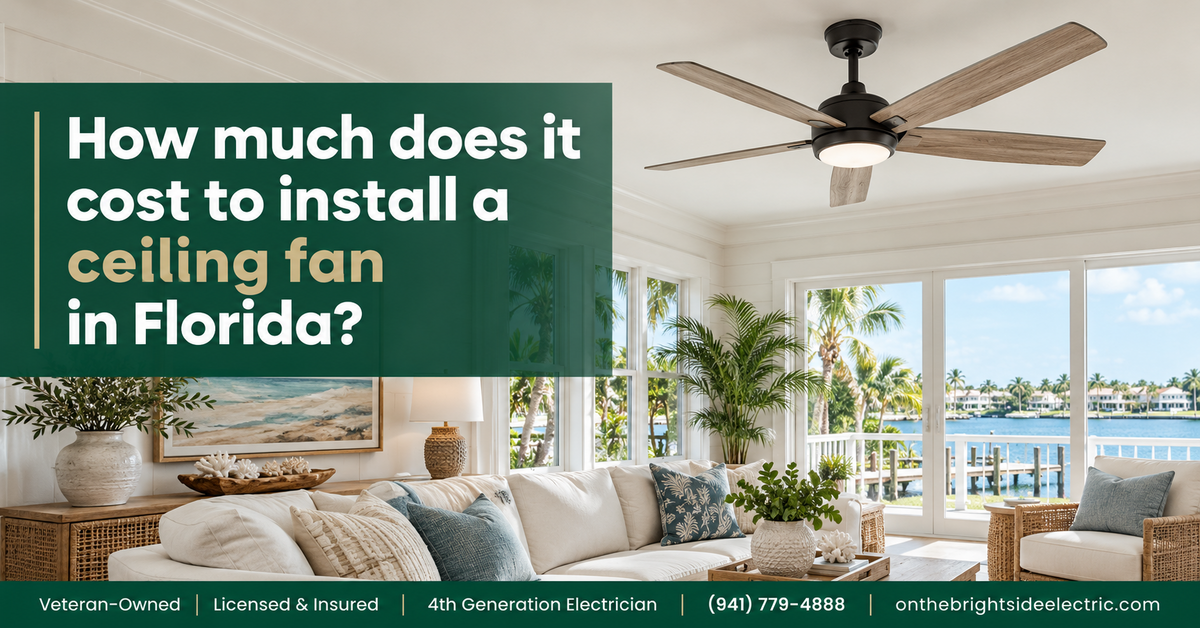 Ceiling fan installed in a bright Florida living room with coastal furnishings, professional ceiling fan installation in Manatee and Sarasota County, On The Bright Side Electric