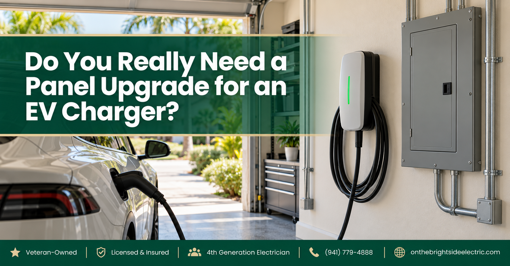 Home EV charger mounted on garage wall next to an electrical panel with capacity labels - do you need a panel upgrade for an EV charger, On The Bright Side Electric Florida