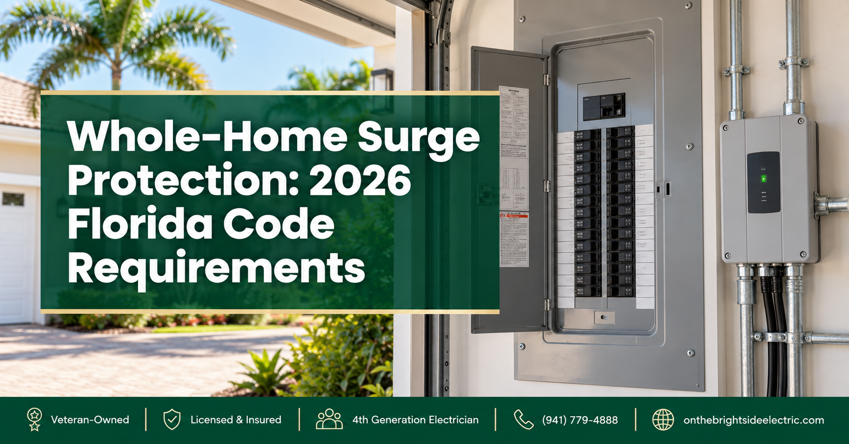 Whole-home surge protective device installed in a residential electrical panel, now required by Florida building code - On The Bright Side Electric surge protection