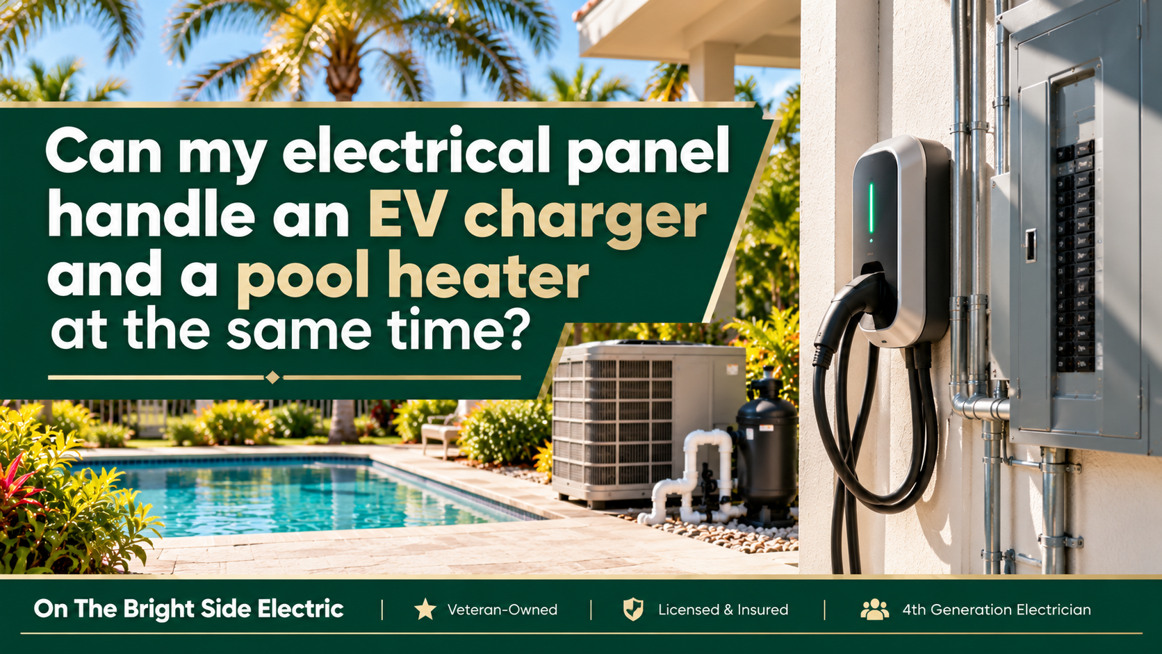 Florida home with an EV charging in the garage beside an electrical panel and swimming pool with electric pool heating equipment.