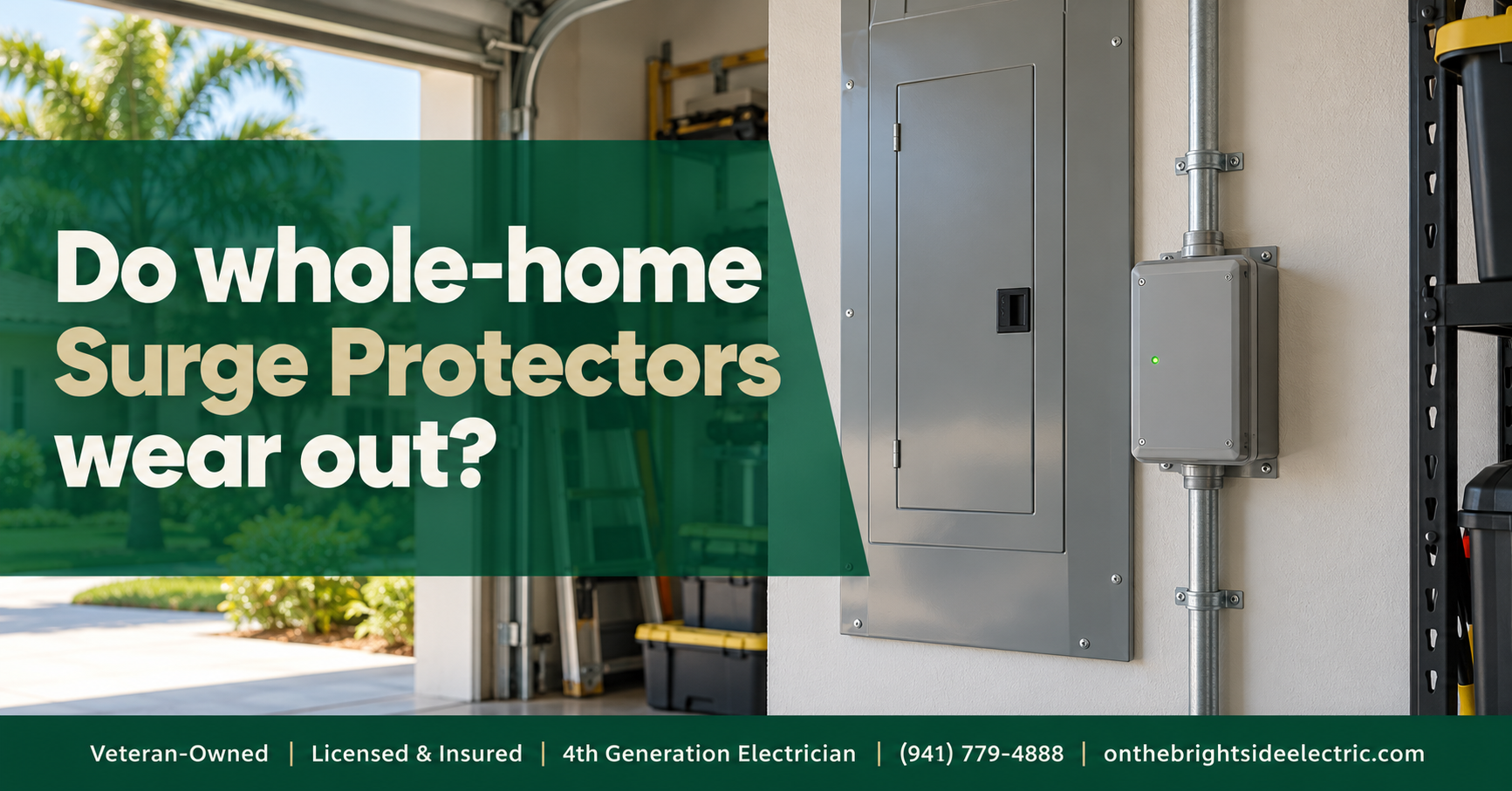 Whole-home surge protector with green status light installed near a residential electrical panel in a Florida home.