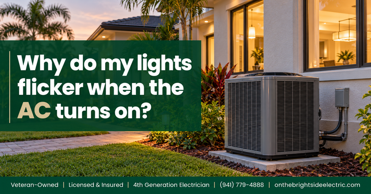 Florida home living room with recessed lights illustrating why lights may briefly dim when the air conditioner starts.
