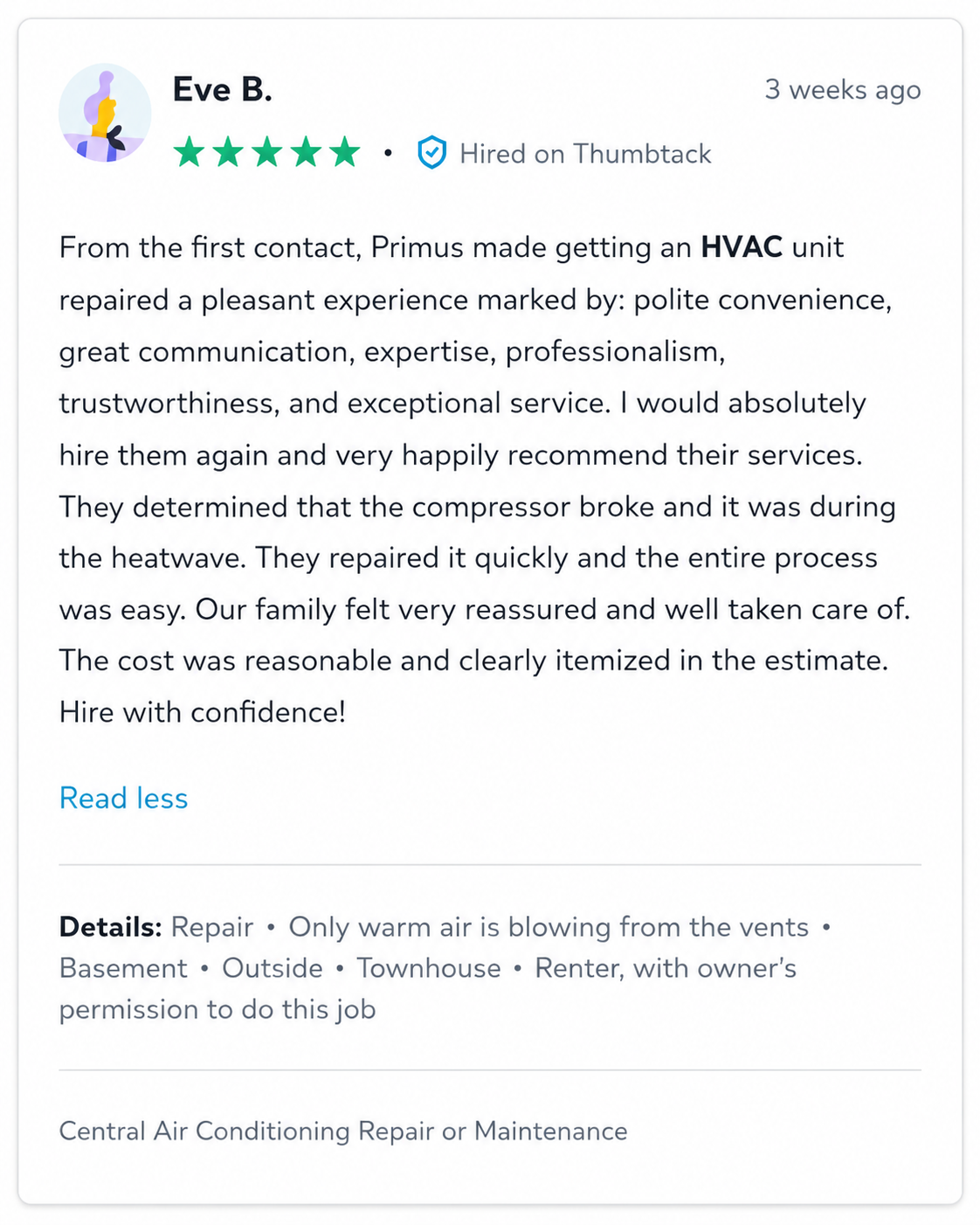 Thumbtack review from Eve B. for Primus Expert