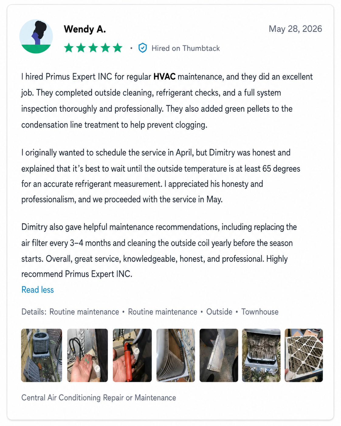 Thumbtack review from Wendy A. for Primus Expert