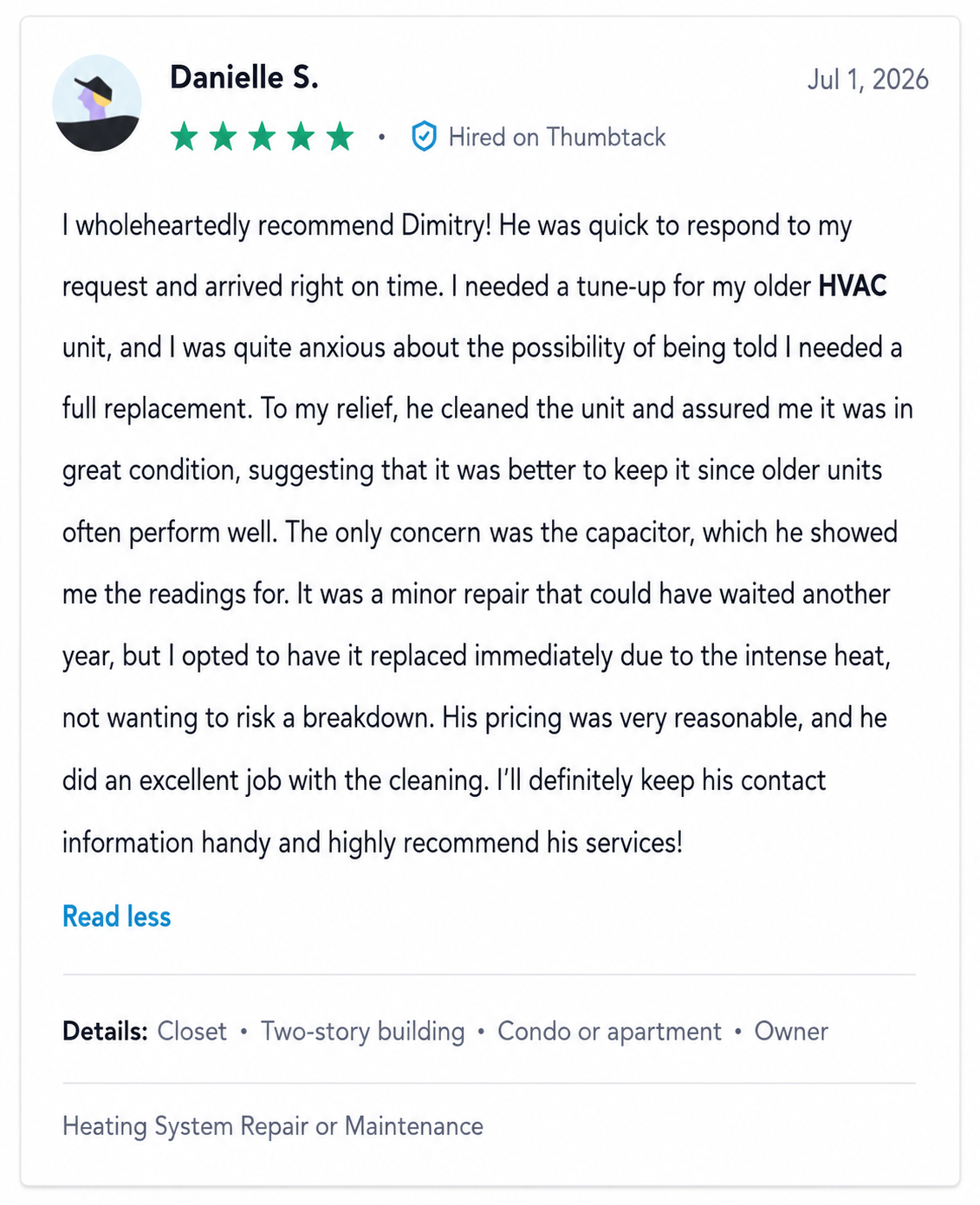 Thumbtack review from Robin E. for Primus Expert