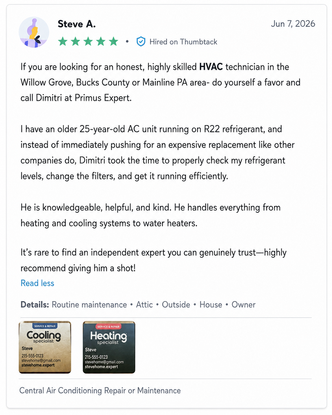 Thumbtack review from Steve A. for Primus Expert