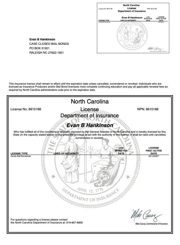 Evan Hankinson NC Bail Bondsman License