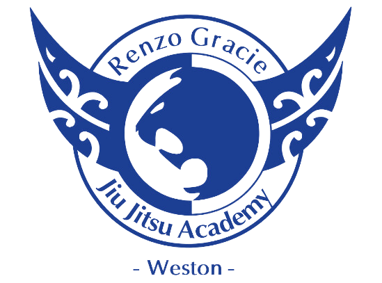 Logo of the Renzo Gracie of Weston Jiu-Jitsu Academy, showcasing a grappling figure in blue and white with a banner across the top displaying the school's name. Established in 2016, the academy provides students with world-class instruction in Brazilian Jiu-Jitsu and self-defense.