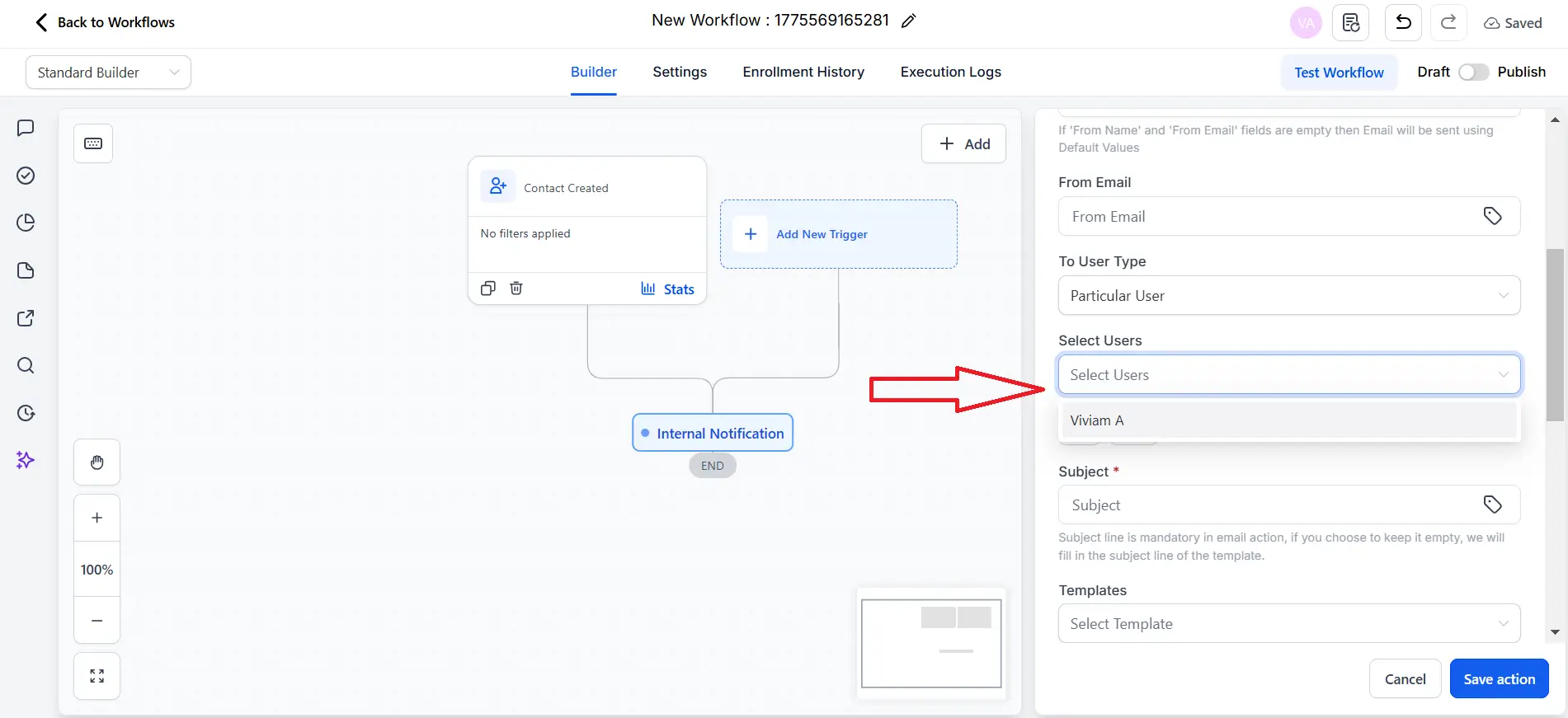 Seleccionar destinatario de Internal Notification en GoHighLevel
