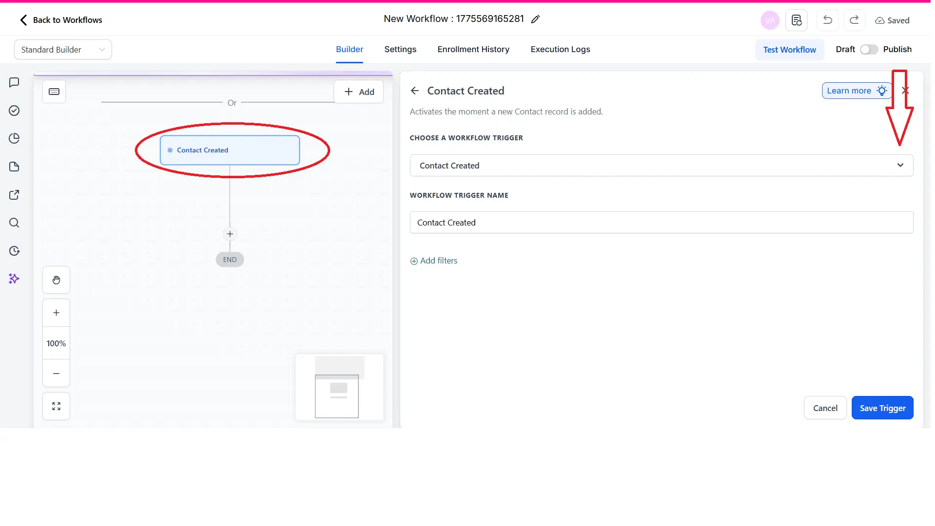Configurar trigger en workflow de GoHighLevel