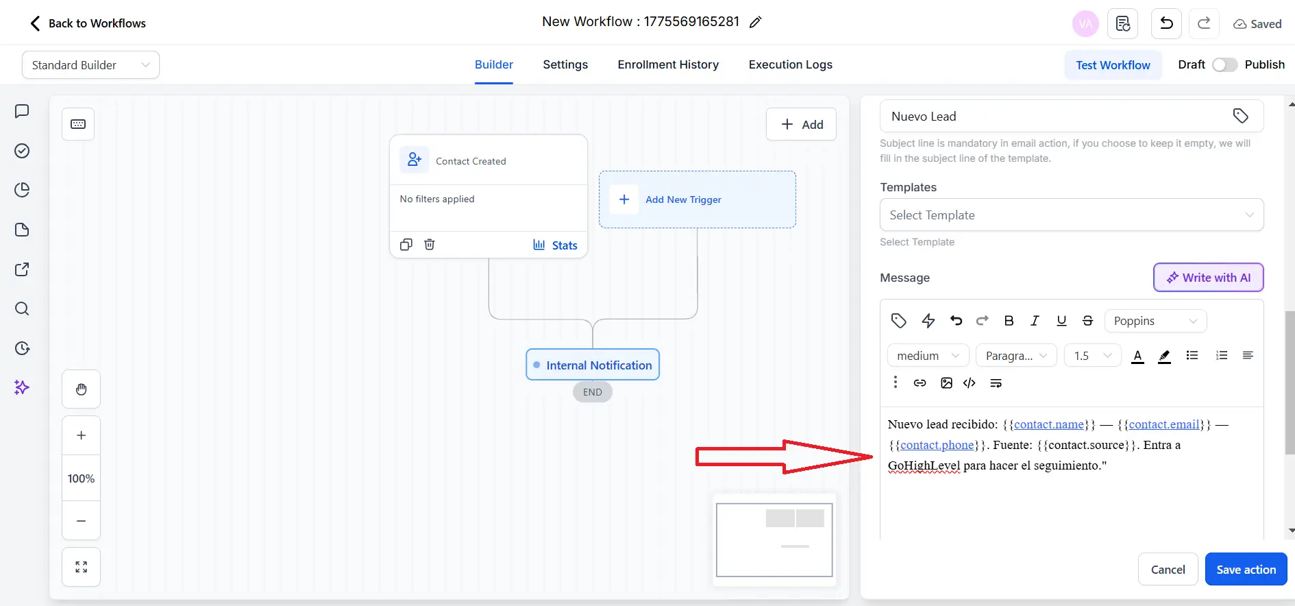 Redactar mensaje de Internal Notification con merge fields en GoHighLevel