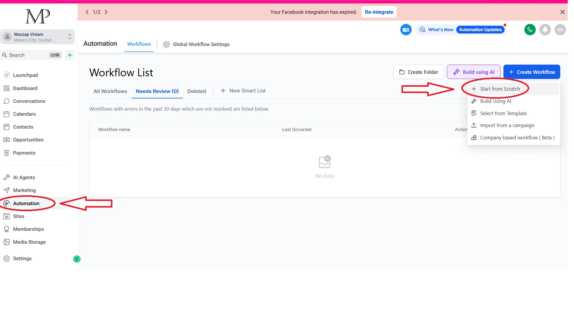 Crear nuevo workflow en GoHighLevel