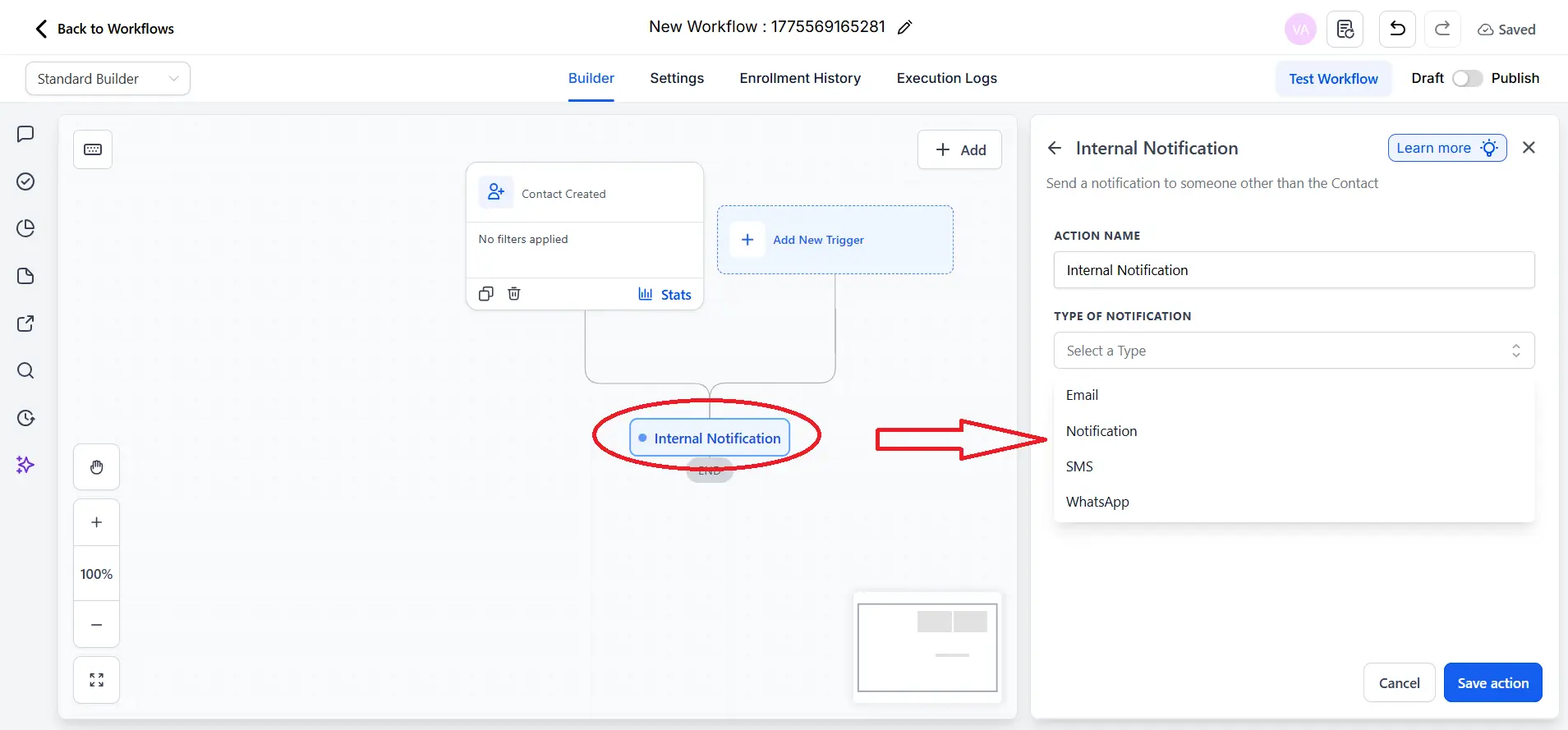Añadir acción Send Internal Notification en GoHighLevel