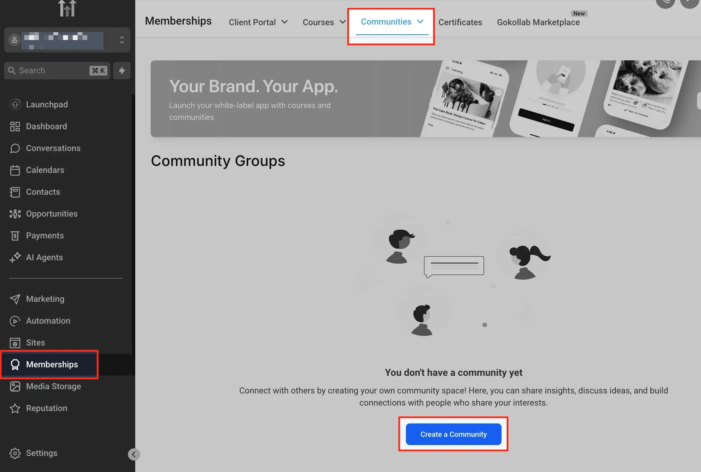 Crear nueva comunidad en GoHighLevel