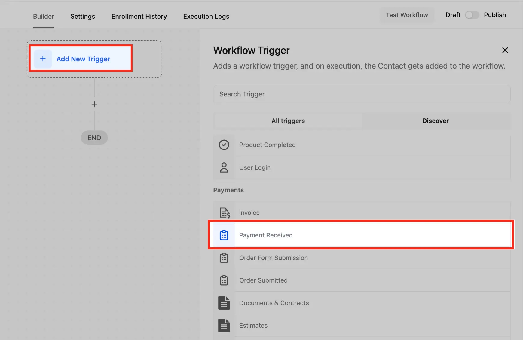 Añadir trigger Payment Received en GoHighLevel