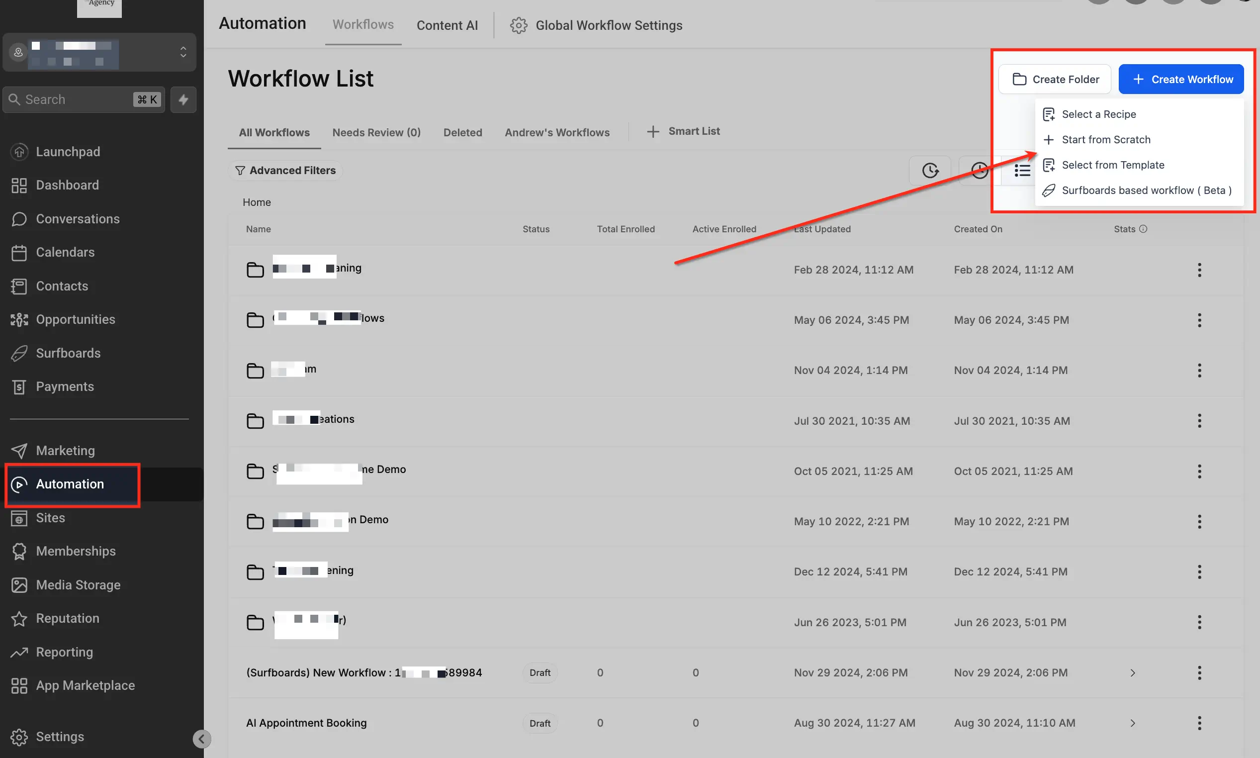 Acceder a Workflows en GoHighLevel