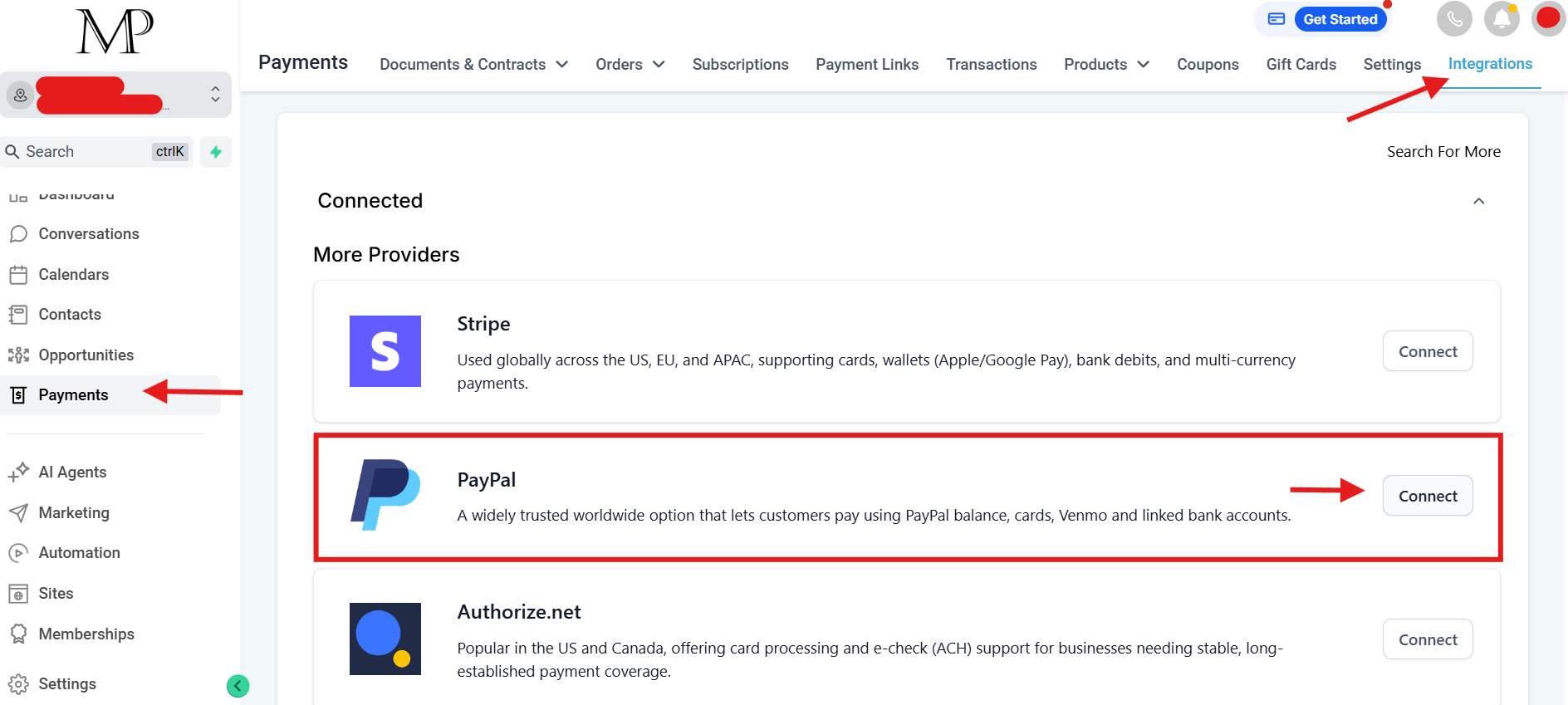 Settings → Payments → Integrations en GoHighLevel