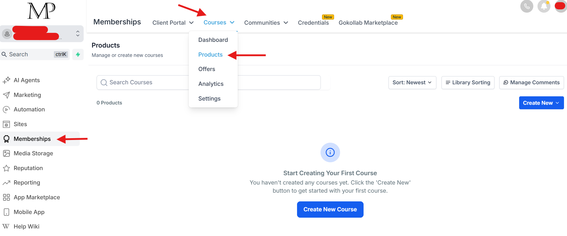 Memberships → Courses → Products en GoHighLevel