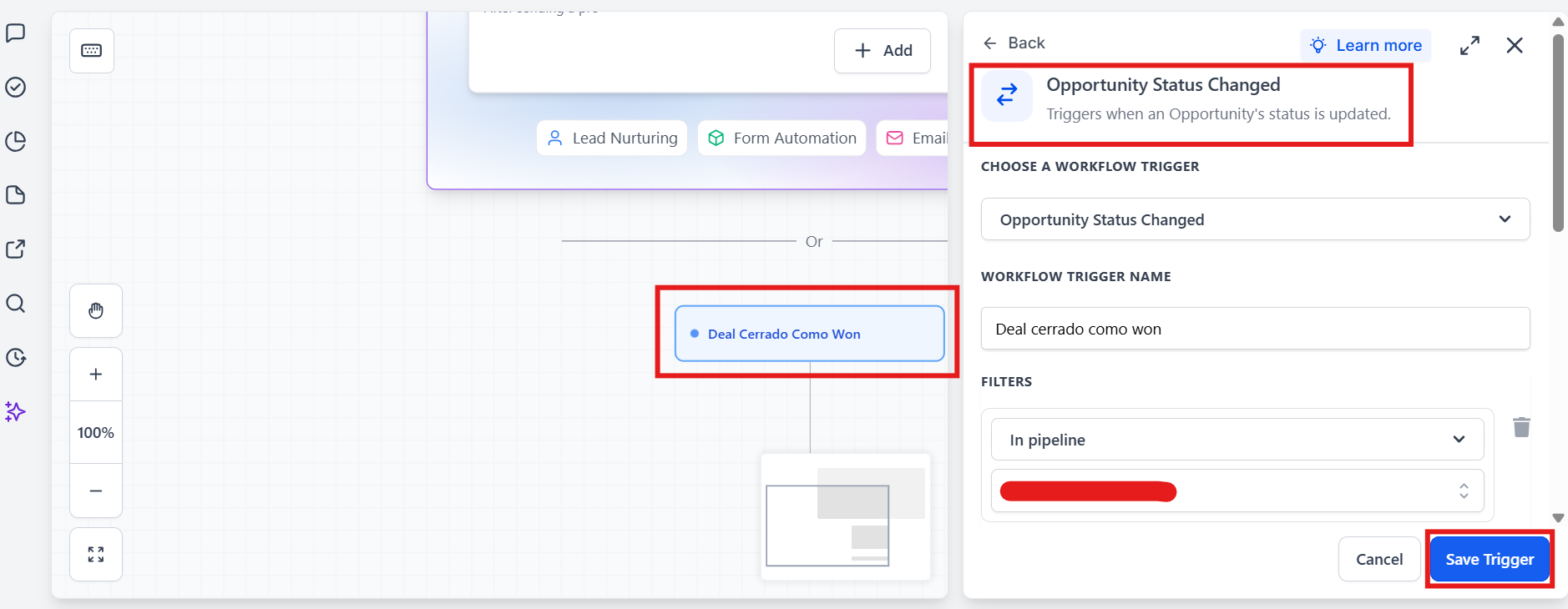 Trigger Opportunity Status Changed en GoHighLevel