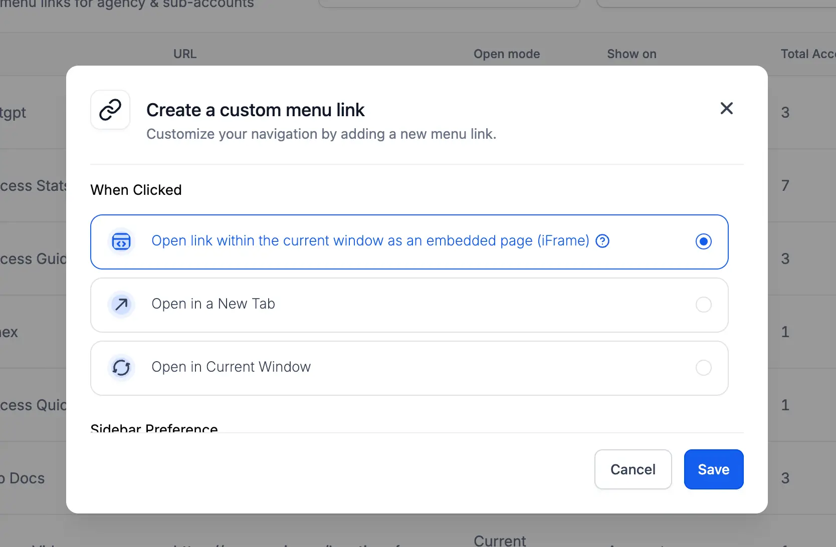 Modos de visualización en Custom Menu Links GoHighLevel