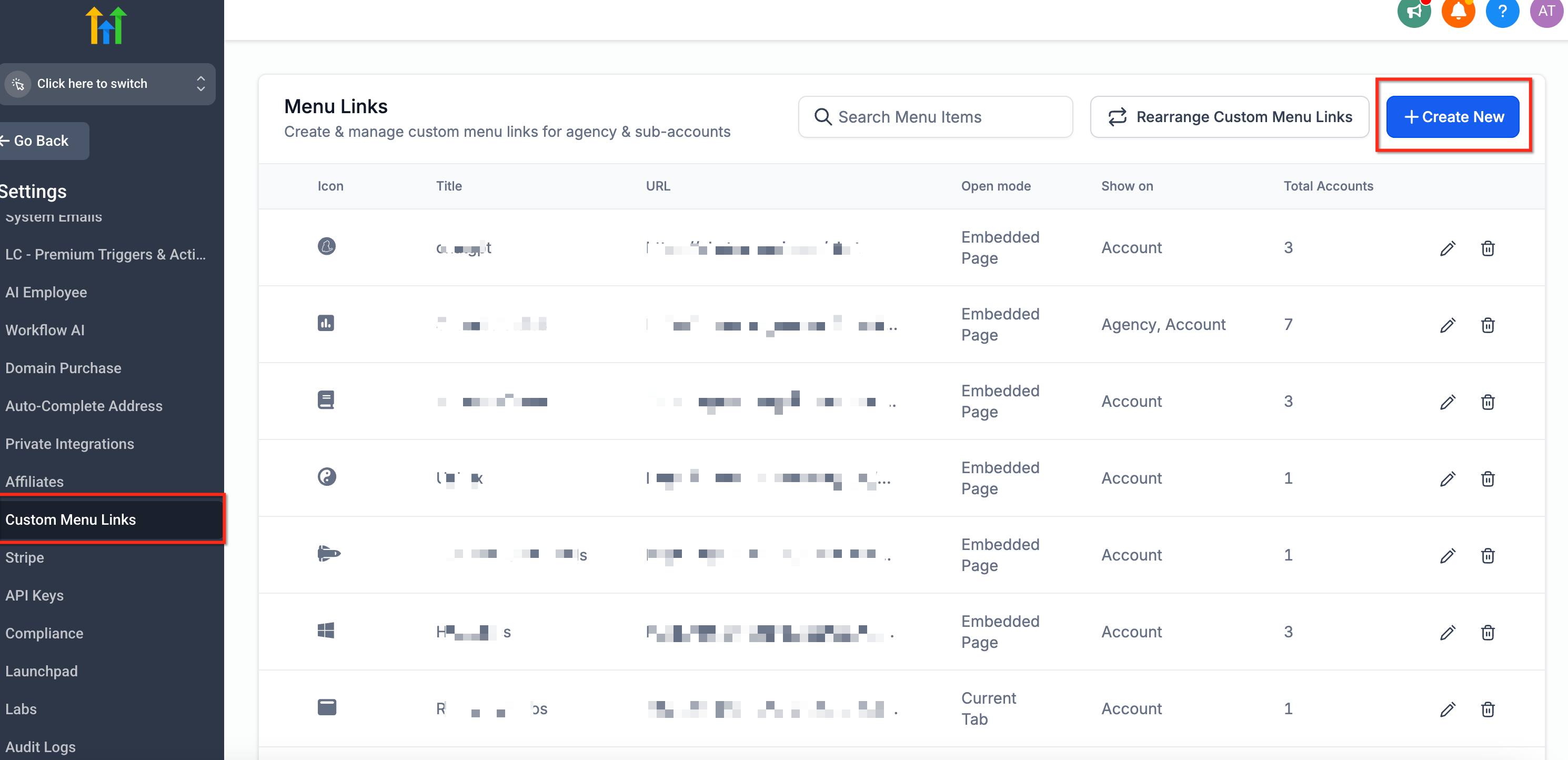 Settings → Custom Menu Links en GoHighLevel