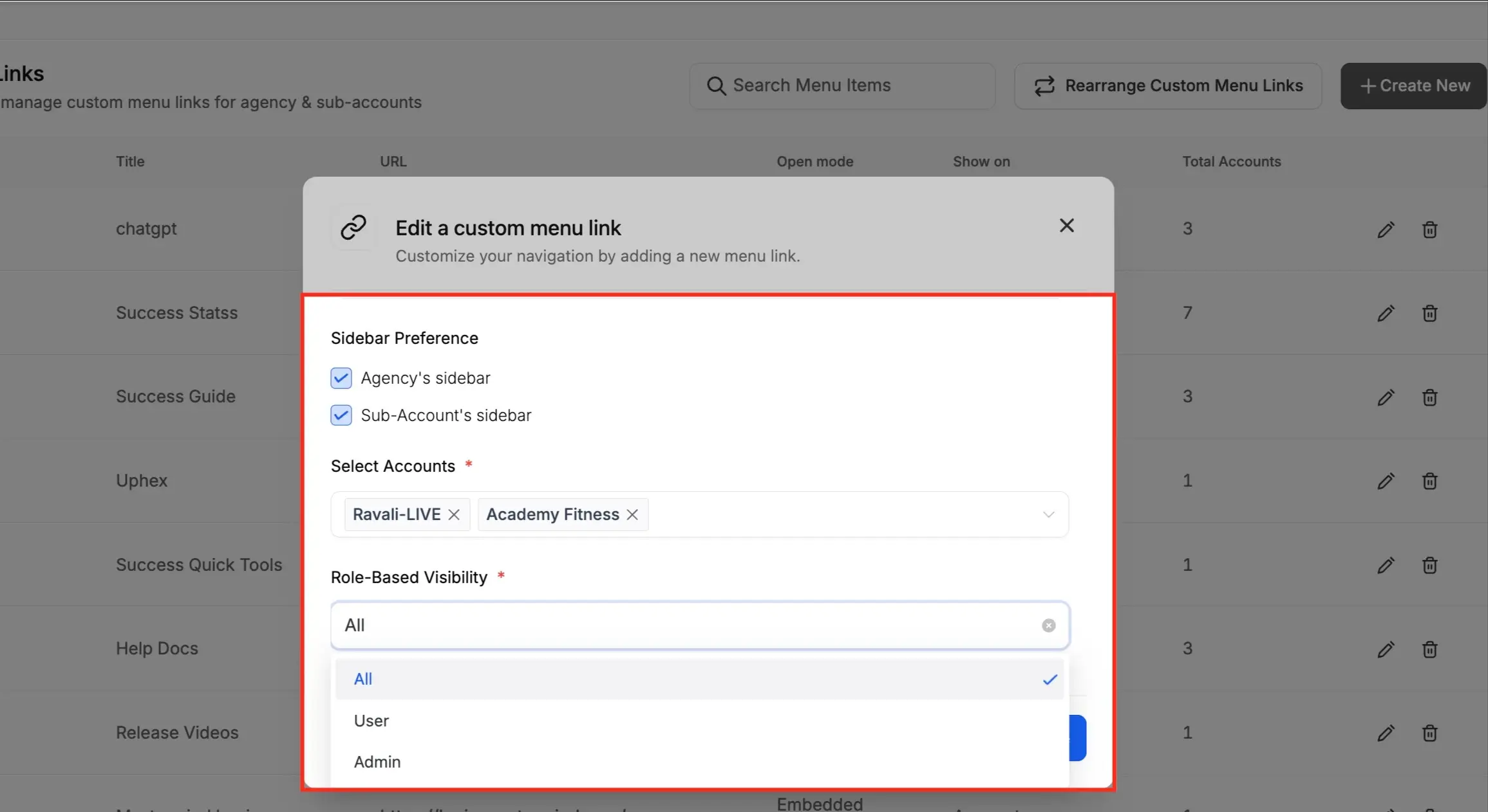 Role-Based Visibility en Custom Menu Links GoHighLevel